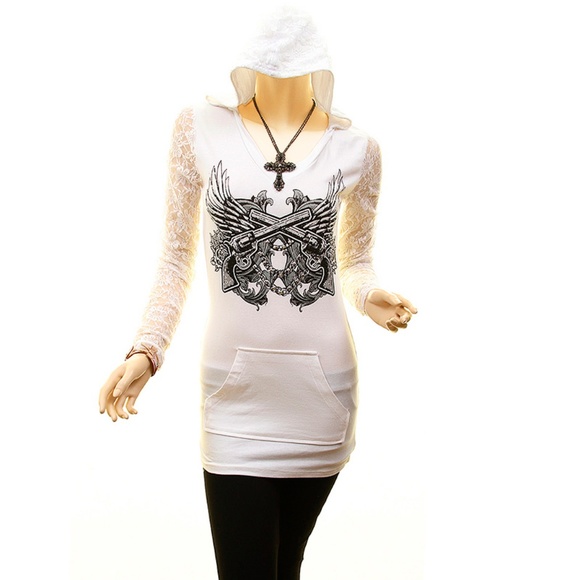 Gothic Angel Wing Fitted Lace Studded Hoodie Top - Picture 2 of 7